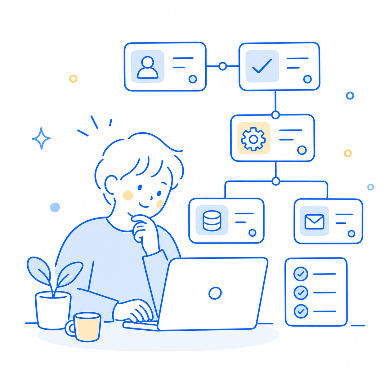 業務フローをシステム化している様子のイラスト